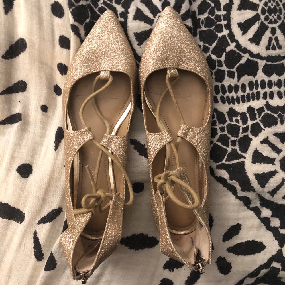 Gold Glitter Lace Up Flats Size 6